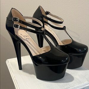 Ellie Glossy Black Double Strap Heels